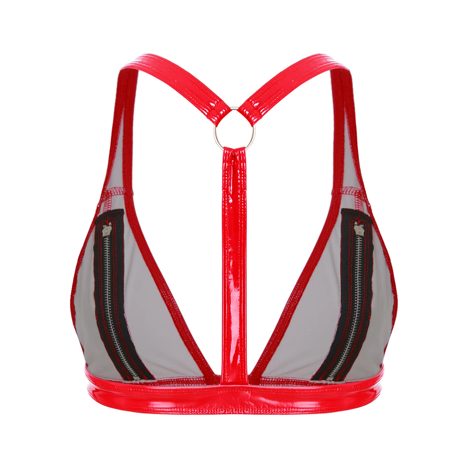 حمالة صدر نسائية من الجلد اللامع ذات مظهر رطب وسحاب لامع من النوع بدون وسادة كوب على شكل حرف O على شكل حرف Y من الخلف ملابس علوية قصيرة للنوادي الليلية للحفلات الهذيان