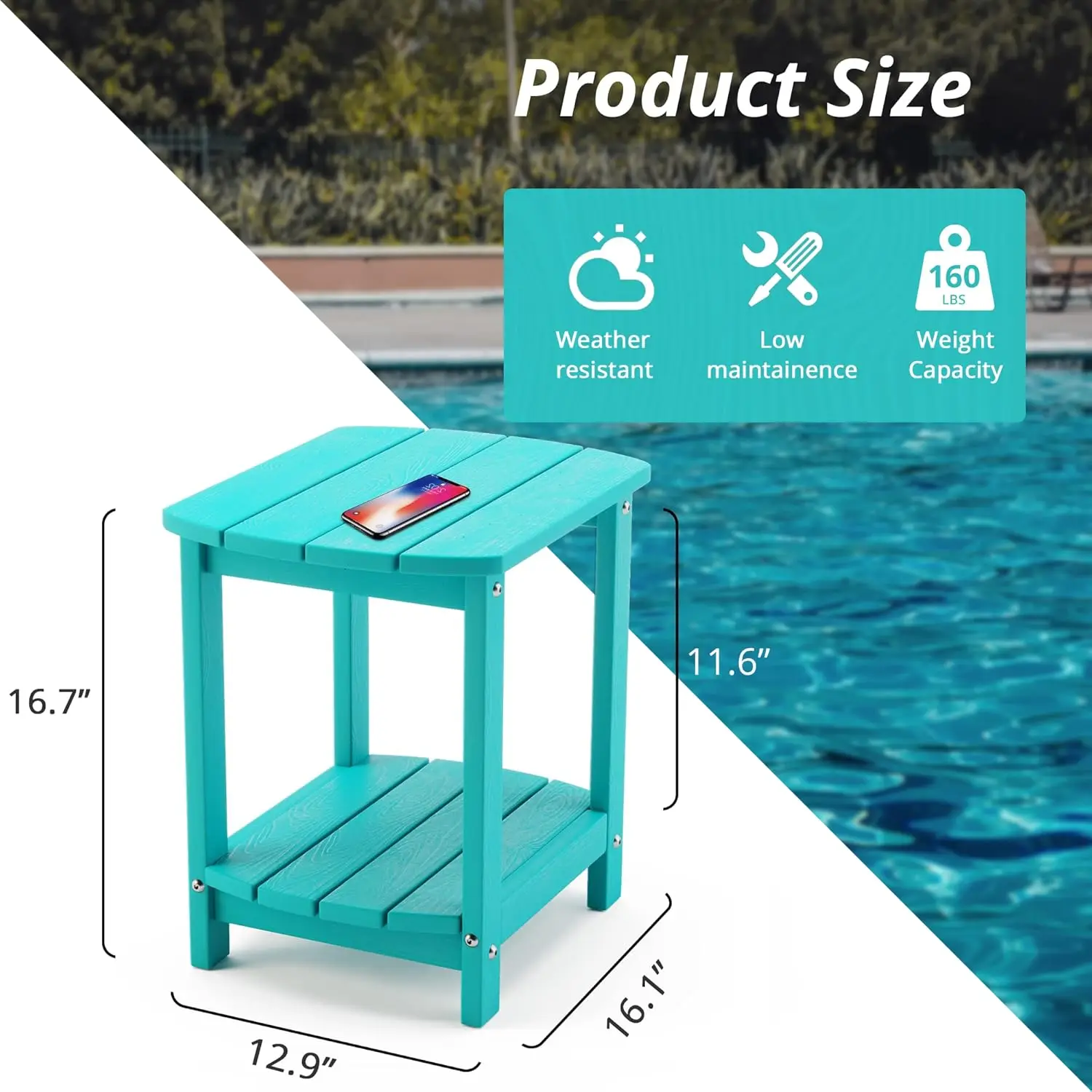 Lue Bona Adirondack Outdoor Side Tables, Aruba Blue Hdps Patio End Table Weather Resistant, Pool Composite Plastic Morden Side