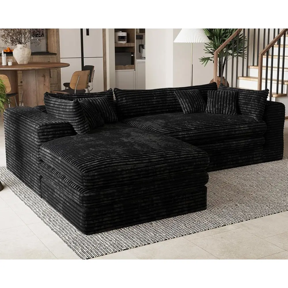 

Роскошный угловой диван из вельвета с глубоким сиденьем и шезлонгом, черный цвет