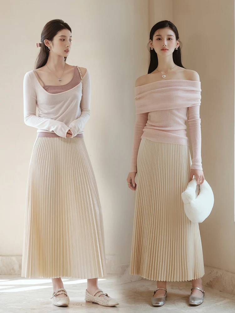 

ChillCozy Satin ine Texture Leatherette Midi Skirt High Waist Polyester Fiber Pure Color Autumn Collection Women's Skirts