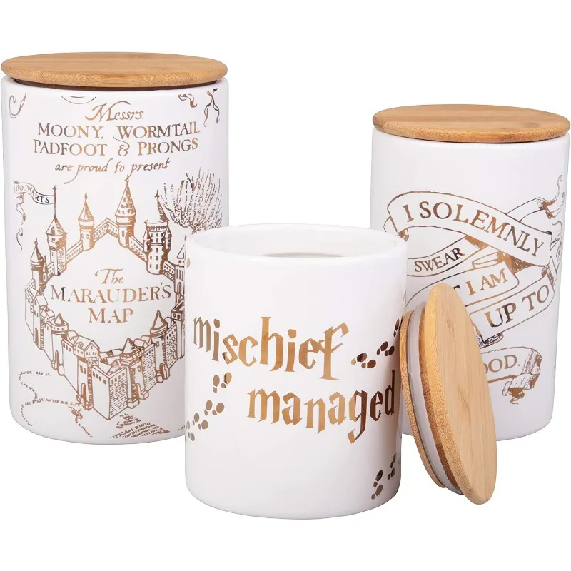 Marauder's Map Porcelain 3 Piece Canister Set - Three Sizes with Gold Marauders Map Design