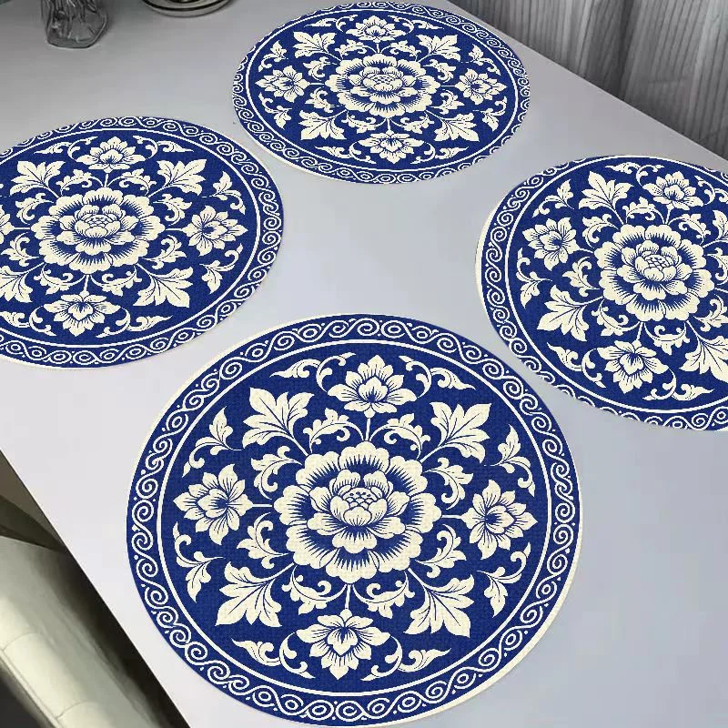 VIKAMA New Chinese Blue White Porcelain Peony Round Linen Placemats, Heat Resistant Table Mat for Dining Table Decor