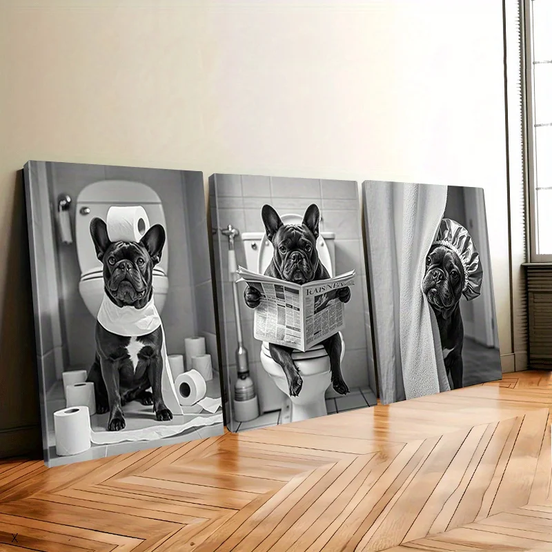 3 Piece Black and White French Bulldog Bathroom Wall Art - Humorous Dog Reading Newspaper Canvas Prints, Great for Home Decor