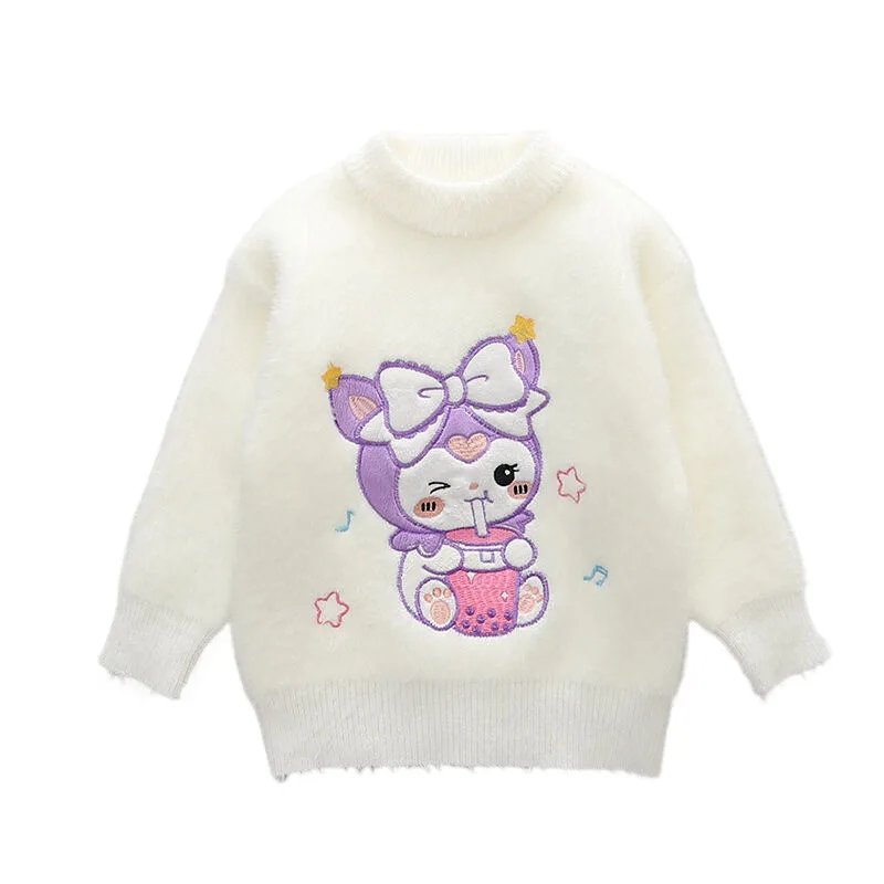 Miniso Sanrio Kuromi Girls Sweaters 2024 Autumn Winter Children Cartoon Pullover Teenagers Knit Sweater Plush Thicked Sweater