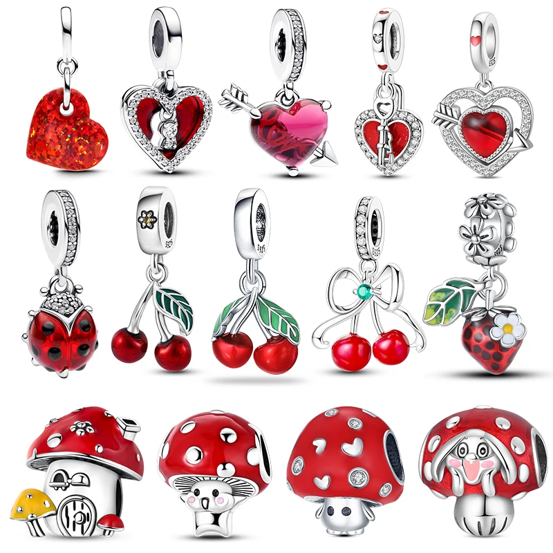 Abalorios de Plata 925 Originales, Serie Roja, Estilos Hongo y Cereza, para Pulseras de 3mm, para Mujer, Joyería de Lujo DIY, Regalos Populares