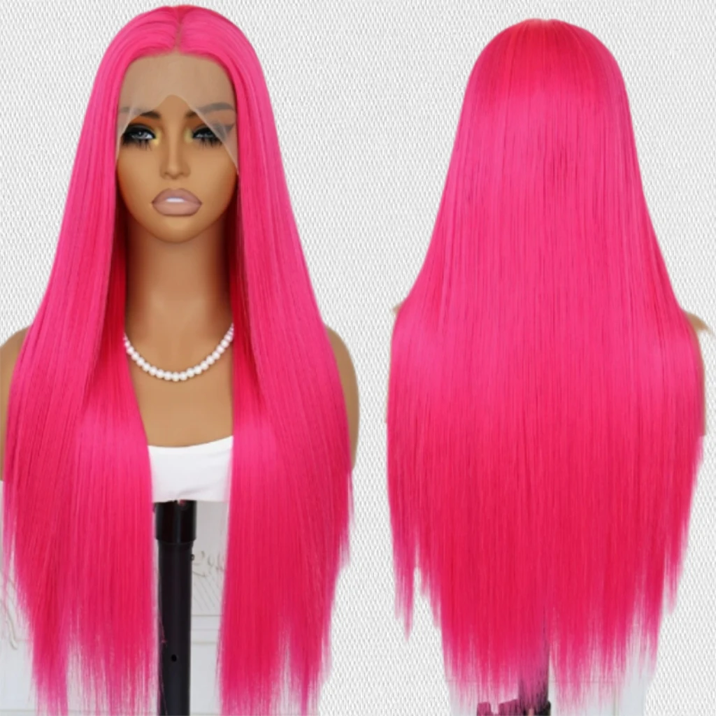 Pelucas frontales de encaje sintético rosa fuerte, fibra resistente al calor, perfectas para cosplay, fiestas y uso diario