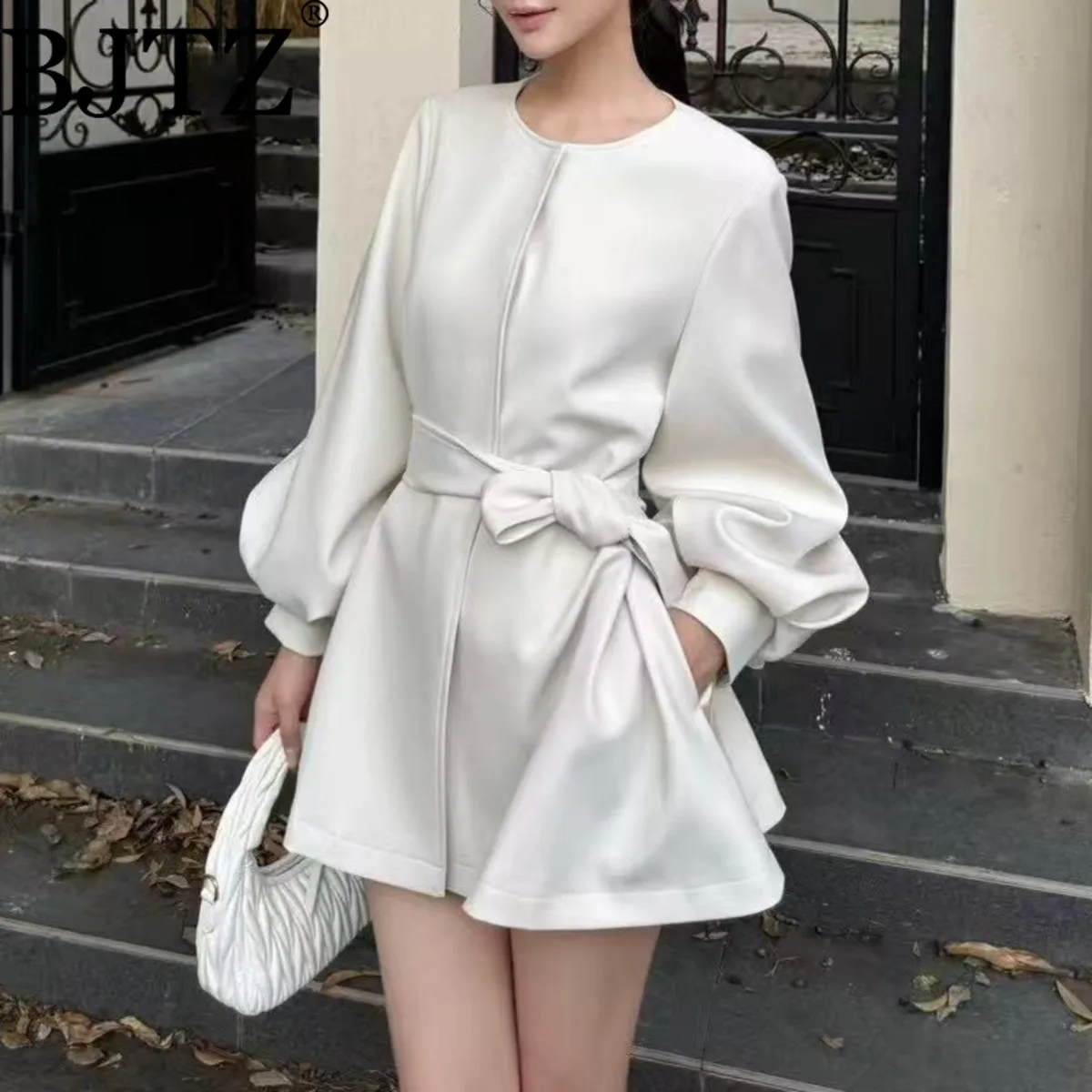 

BJTZ Lantern Sleeve O-neck Lace-up Waist A-line Short Dresses For Woman 2025 Spring Autumn New Solid Elegant Female Clothes