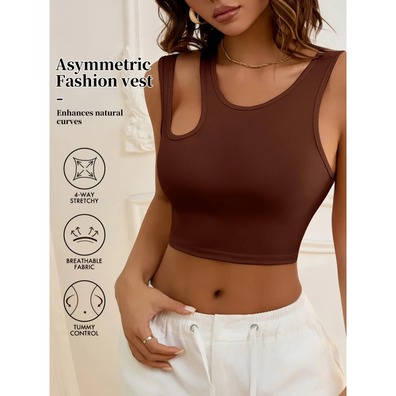 

Women's Ribbed Breathable Sleeveless Slim-Fit Undershirt Top with Irregular Design and Off-Shoulder Straps, No Padding