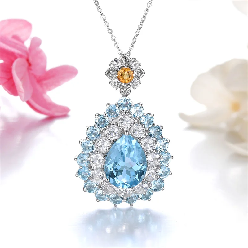 Natural Sky Blue Topaz Pendant 23 Carats Genuine Topaz Citrine Multicolor Original Design S925 Fine Jewelry Gifts Top Quality