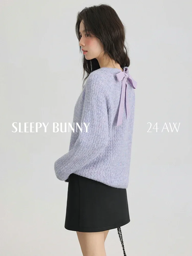 

Loose Fit Round Neck Sweater Women Spring Casual Pullover Soft Knit Top with Ribbon Tie Elegant Oversized Lightweight Jumper