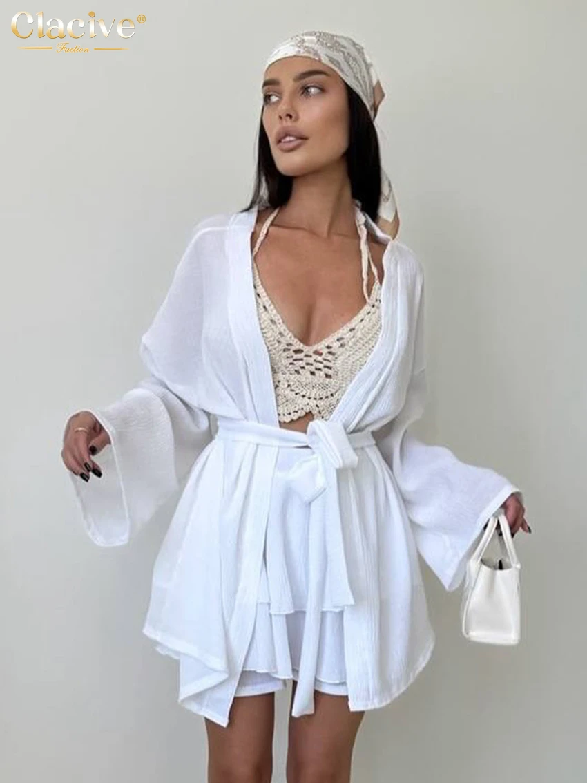 

Clacive Fashion Loose White 2 Pieces Set For Woman 2025 Elegant Long Sleeve Robes With High Waist Shorts Set Female Clothing