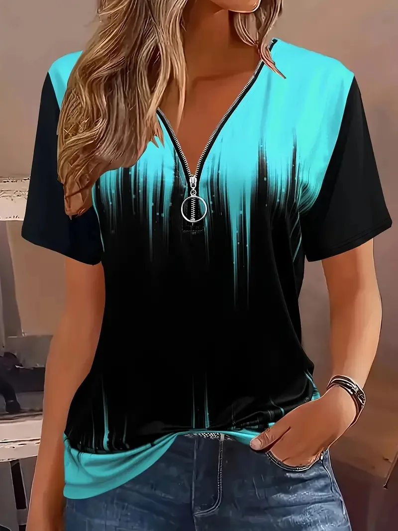 

2024 Round Necked Zippered Short Sleeved Color Blocking Women's Cross-Border Polo Shirt, One Piece For DistributionMB13