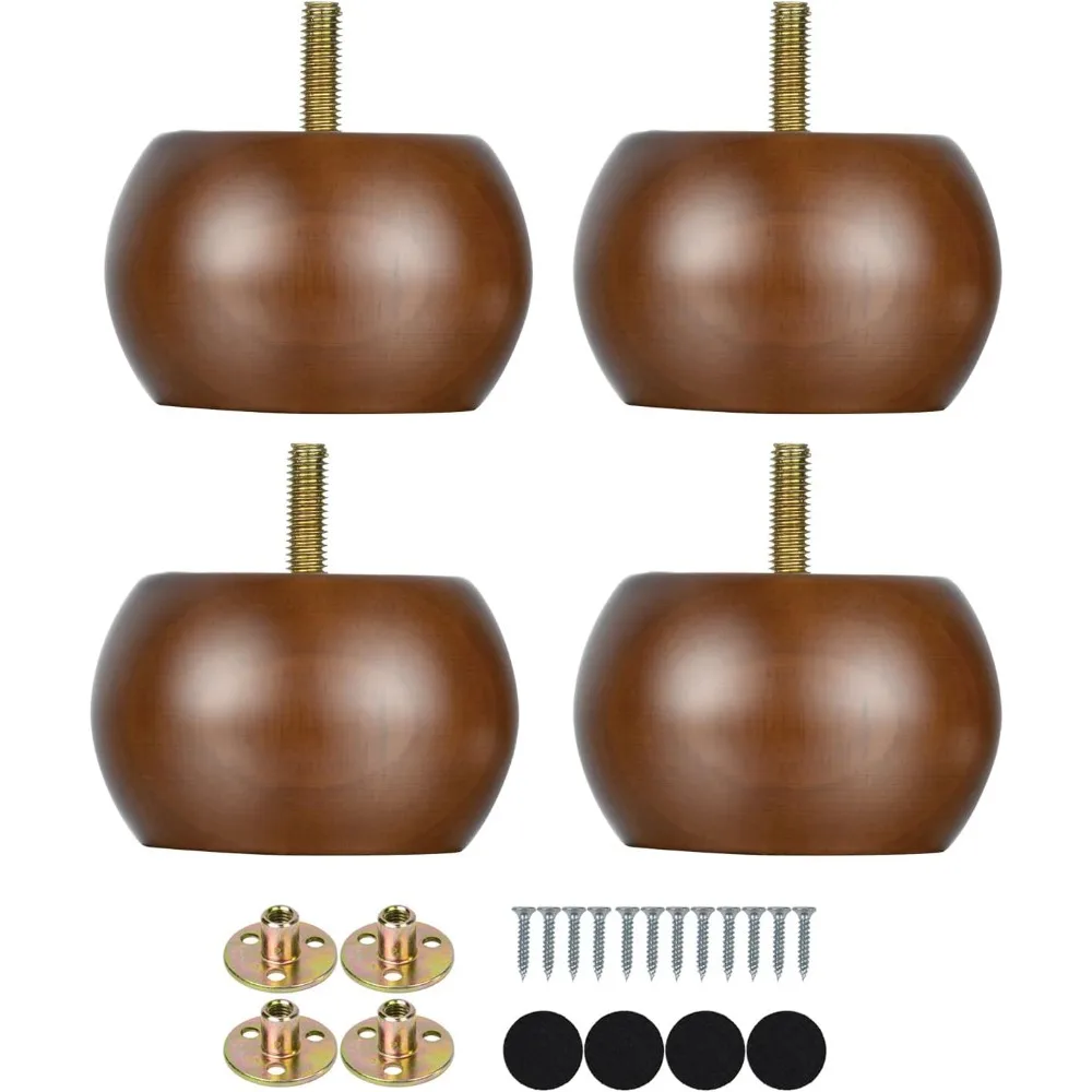 

2 Inch Bun Furniture Feet Walnut Round Solid Wooden Ottoman/Couch/Sofa Legs Set of 4 Pre-drilled M8 Bolt with Metal Bra