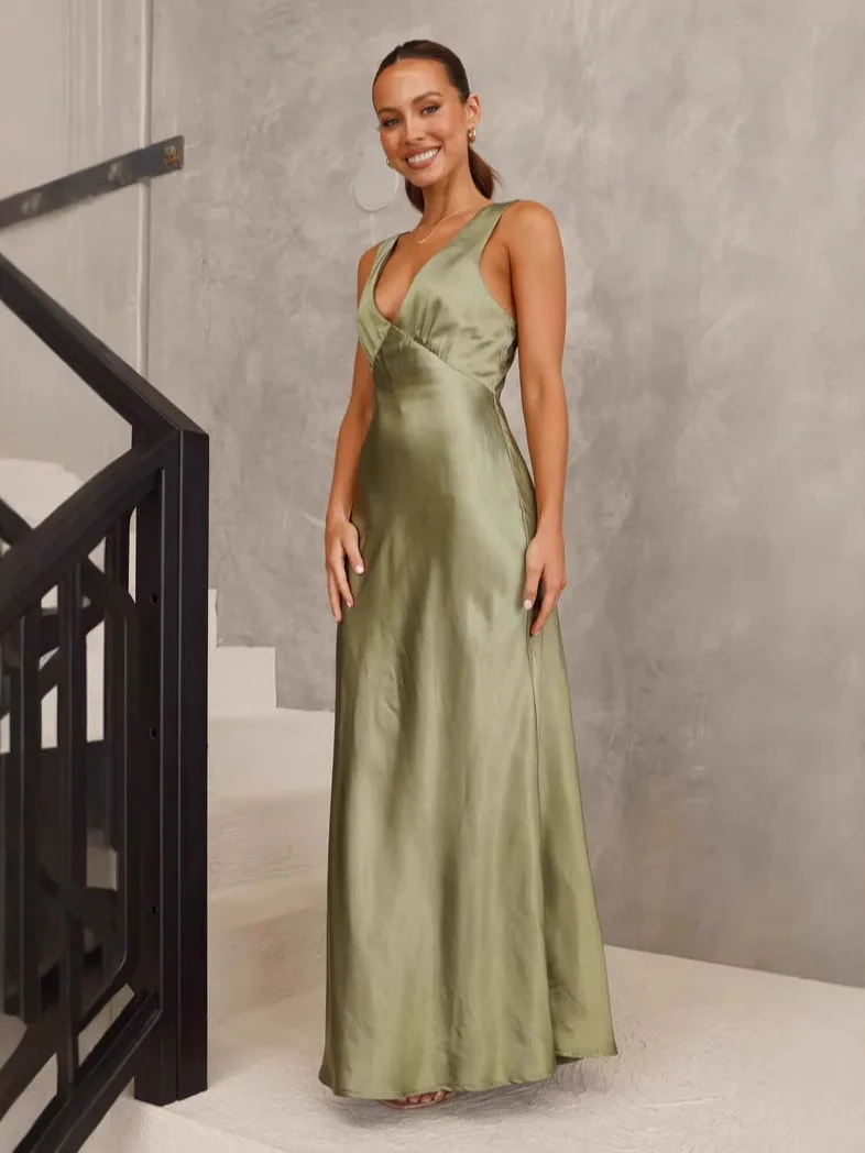 

Sexy Slim Fit V-Neck Pure Color Evening Dress Cross-Border Women's Clothing High Waist Fish Tail Skirt Polyester Fabric
