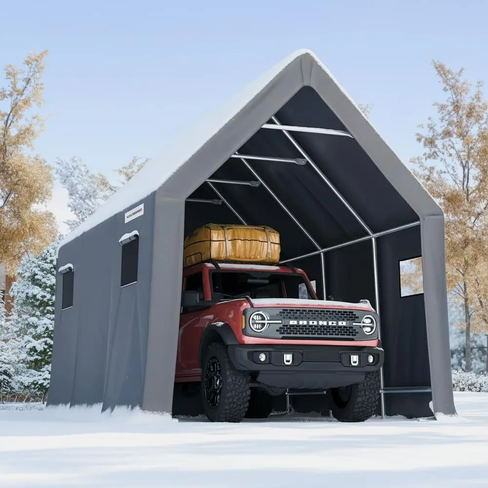 

10x15ft Heavy-Duty Carport for RVs, Trucks, SUVs, Boats with Roof Racks and Ventilation Windows - Gray