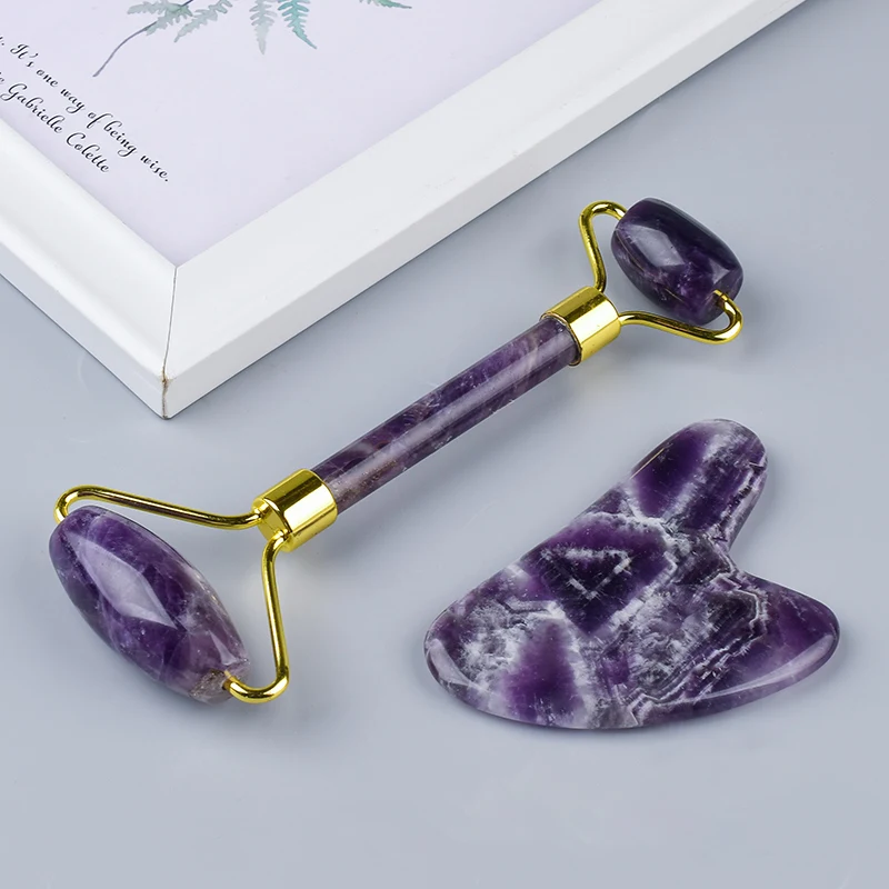 Natural Amethyst Anti-Cellulite Roller Massager Crystal Skin Care Stone Gua Sha Tool Massage Face Scraper Facial Protection