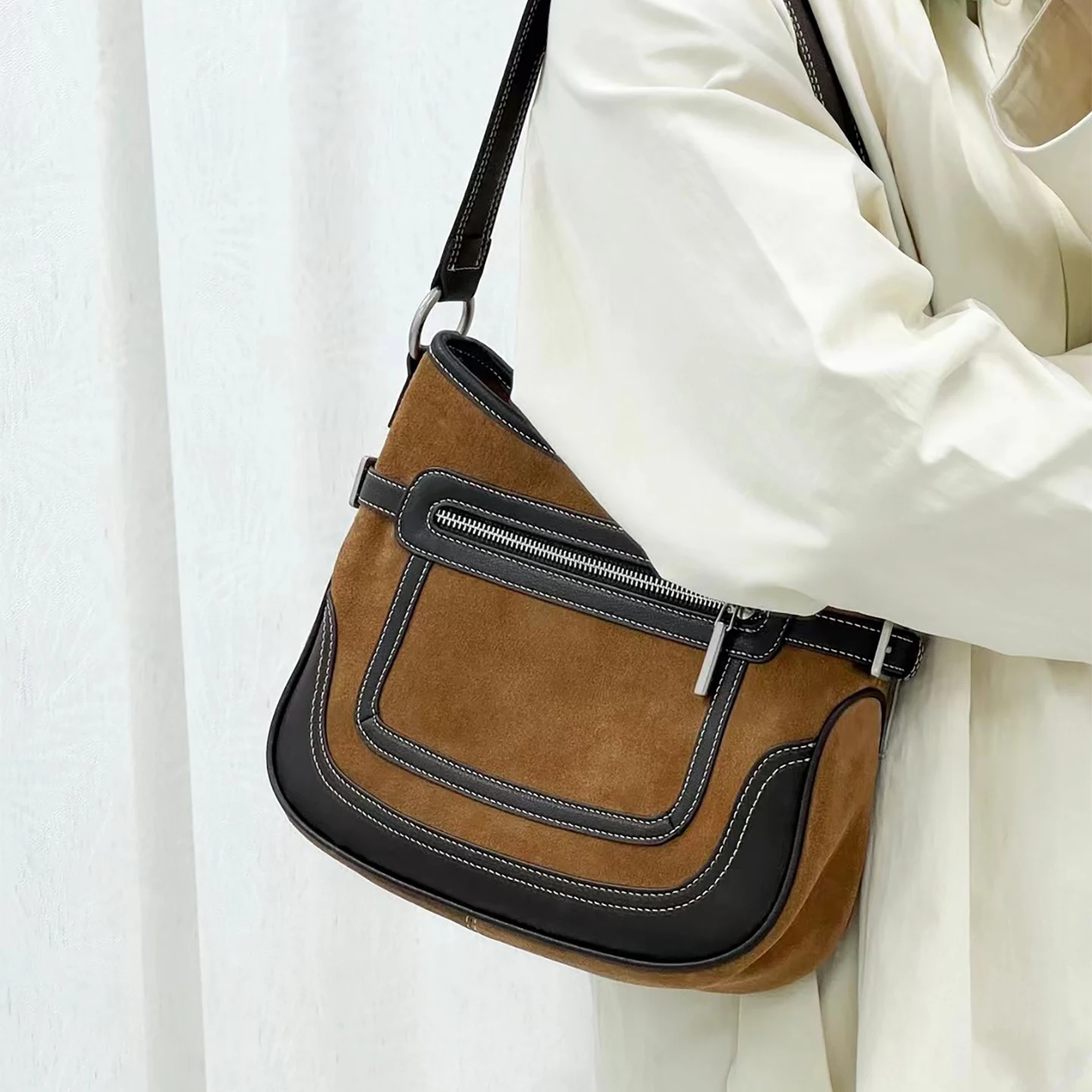 Suede Cowhide Underarm Bag Shoulder Bag Splice Woman Fashion Premium Feel Zipper Shoulder Bag Commute Color Blocking