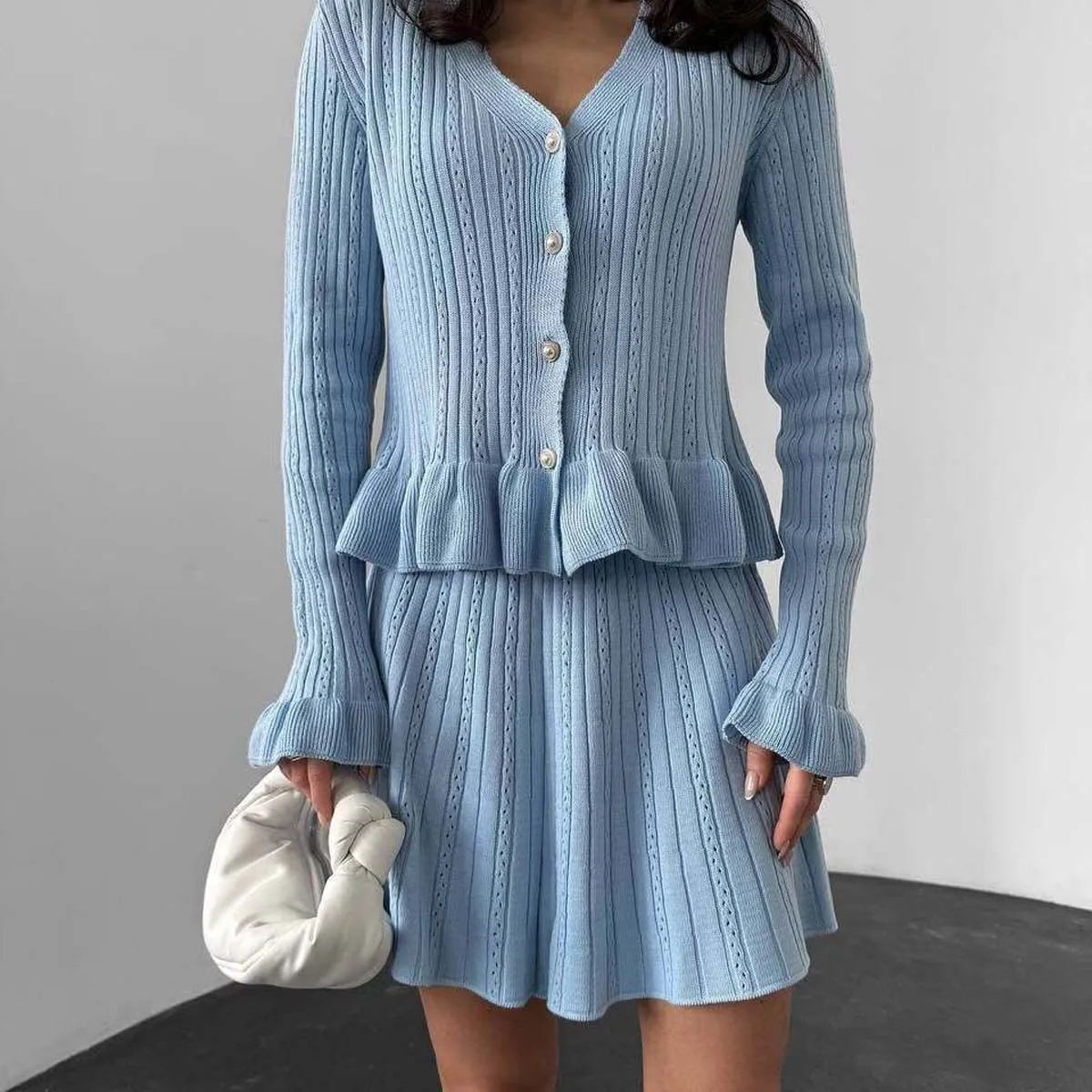 New Fashion Button-Down Shirt + Skirt Two-piece Sets Women Autumn Fragrant Style Ruffled Top And Skirt Set For Women