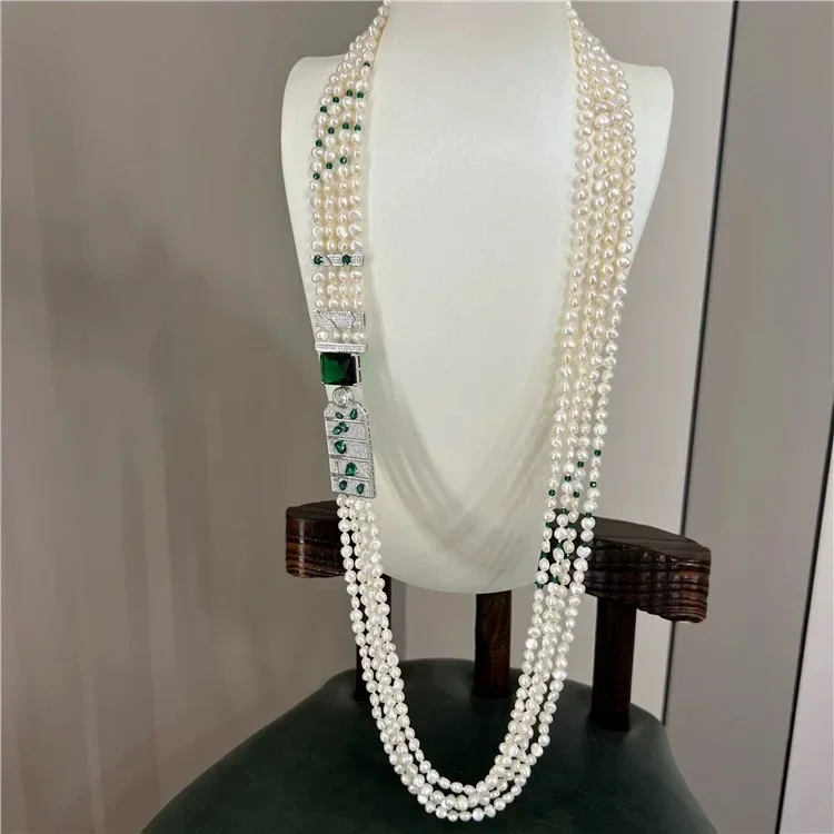 

Jewelry Natural Pearl 32''-35'' 4 Strands Natural White baroque Pearl With CZ Connector Necklace For Women