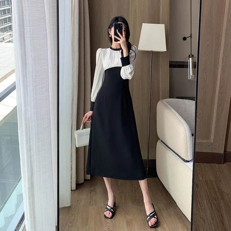 Temperament Vintage Autumn Dresses Women O-Neck Patchwork Fashion Office Lady Elegant Long Sleeve Slim A-line Mid-length Dress