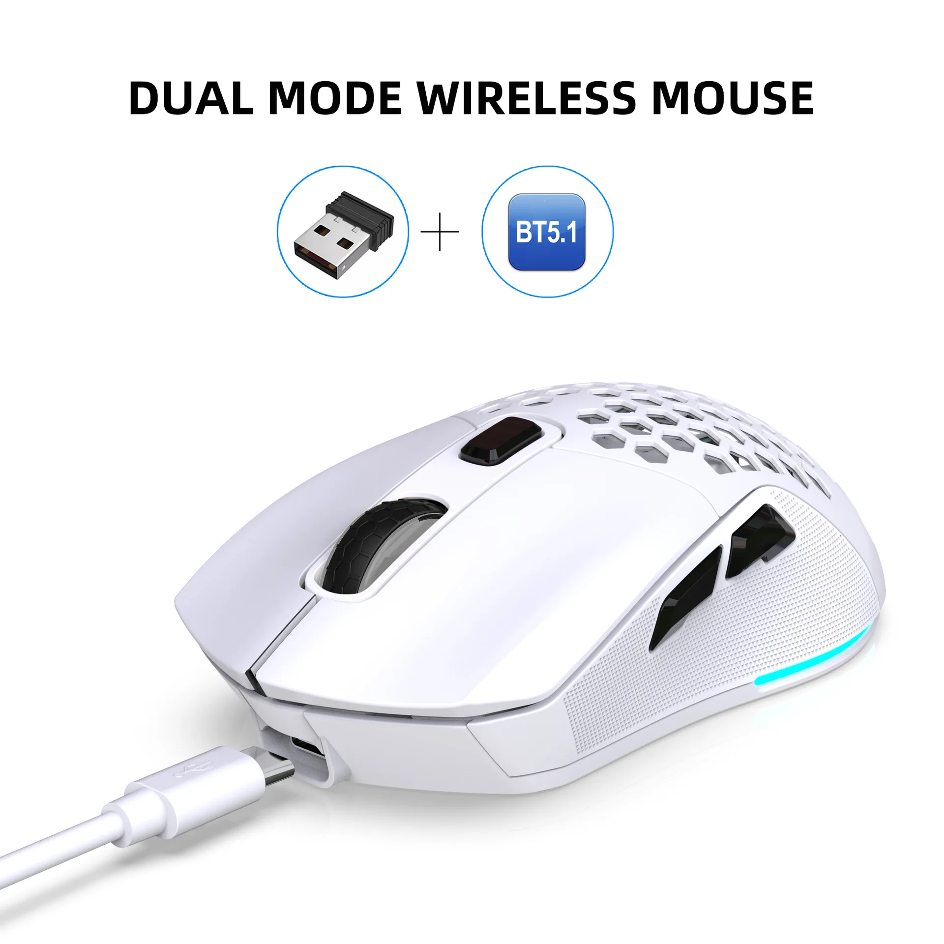 

Wireless mouse bluetooth+2.4G souris branco rechargeable RGB luminous 4800dpi interchangeable back cover game lightweight mouse