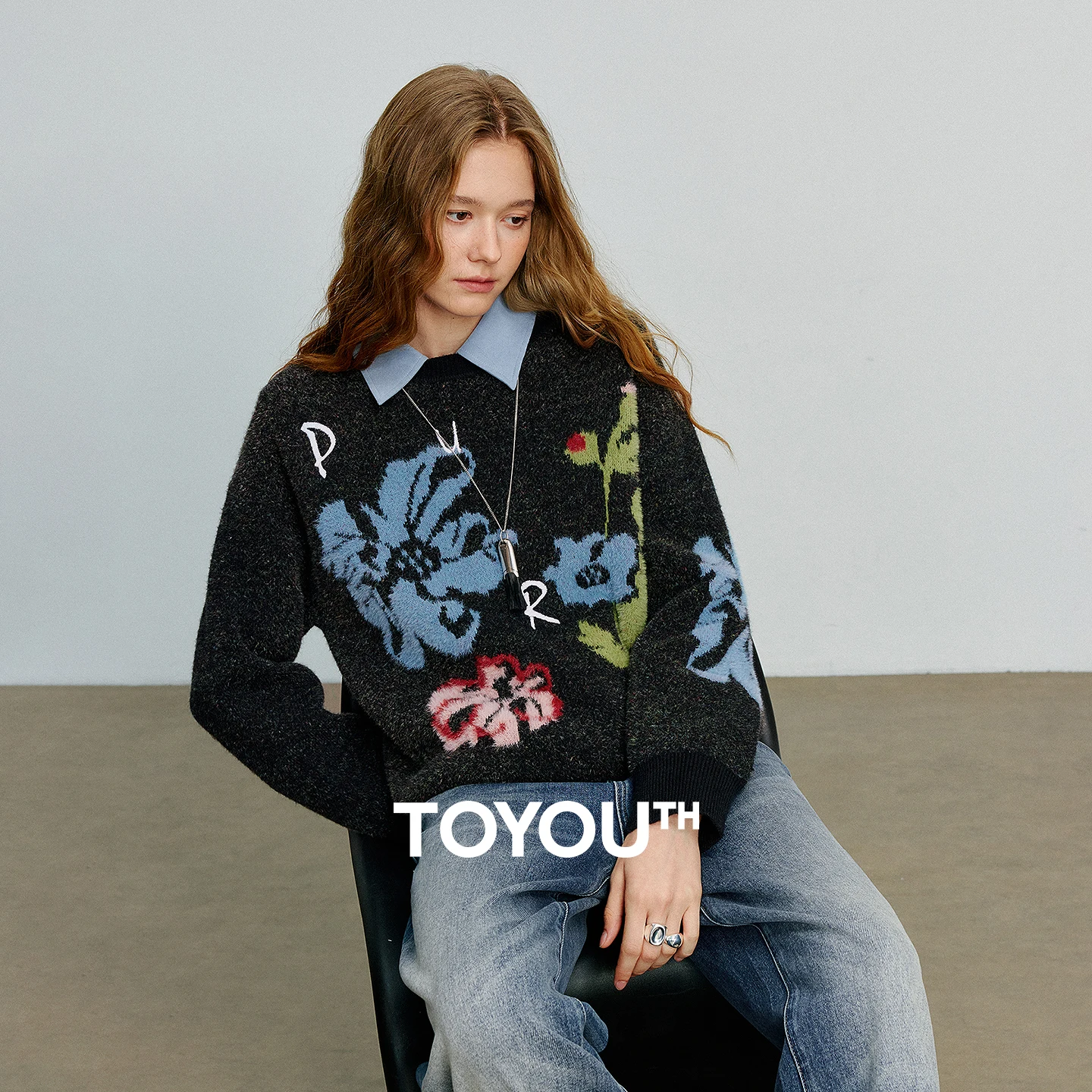 

TOYOUTH женский свитер, осень 2021, новый бархатный жаккардовый пуловер с длинными рукавами и цветочным узором, топы