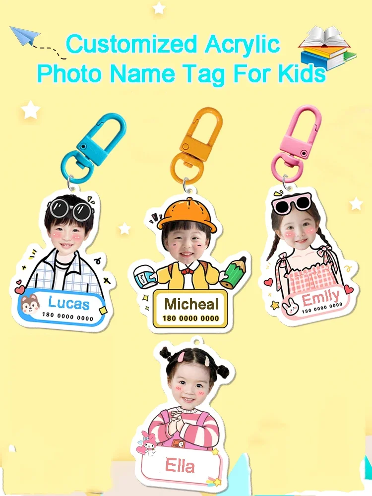 Customized Acrylic Photo Name Tag For Children\'s Hanging On Schoolbag Personal Name Tag Cartoon Pendant For Kids School Supplies