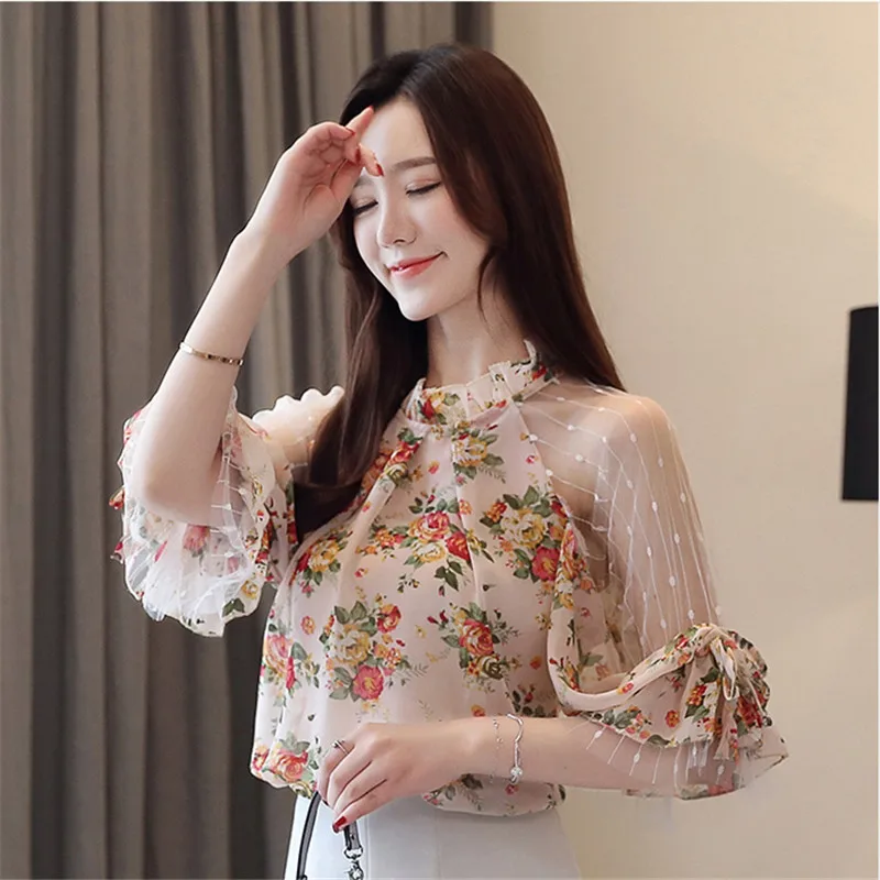 

Sweet Ruffles Parchwork Mesh Blouse Summer Women Floral Print Shirt Ladies Flare Sleeve Transparent Strapless Short Blouses Tops