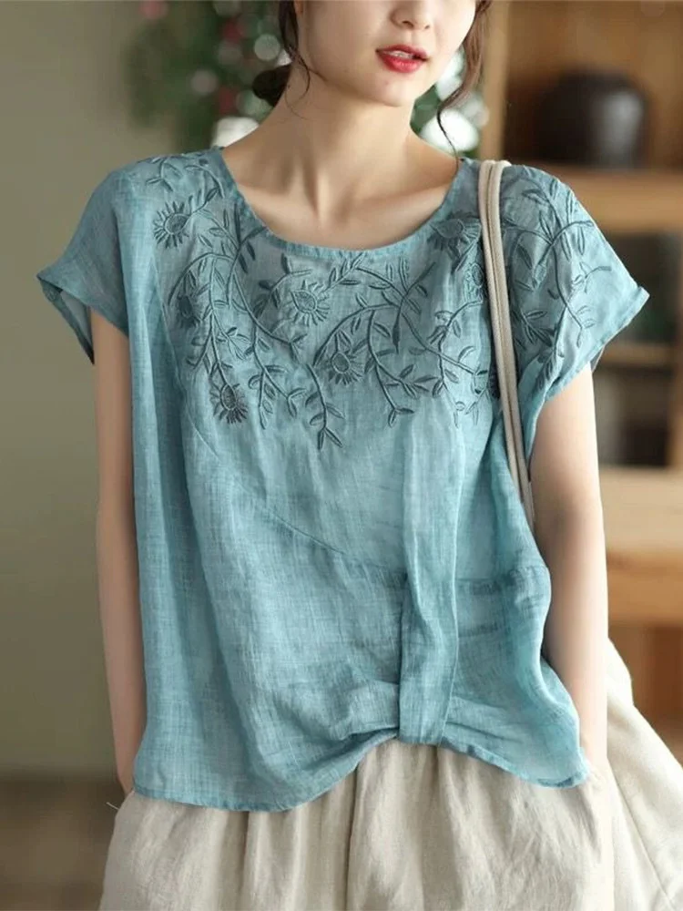 

Свободный льняной топ из хлопка и льна с вышивкой в стиле ретро, женский одинарный тонкий топ, удобный круглый топ Ne для поездок на работу