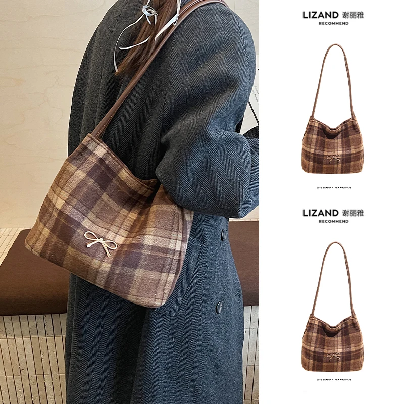 

Весенне-летняя женская сумка через плечо класса люкс, модная клетчатая шерстяная сумка-ведро, винтажная сумка на одно плечо