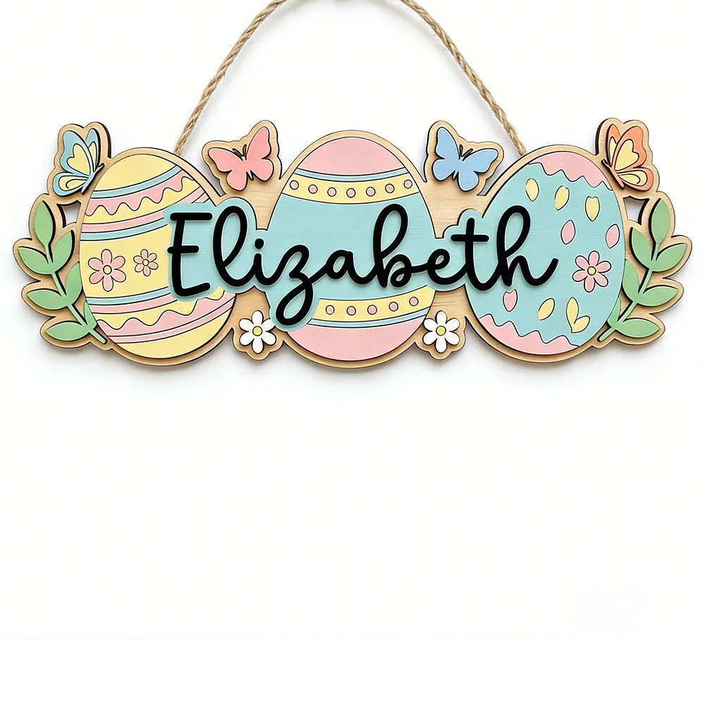 Personalized Easter Name Sign, Wooden Pastel Egg & Butterfly Nursery Decor, Cute Spring Door Plaque, Unique Easter Gift
