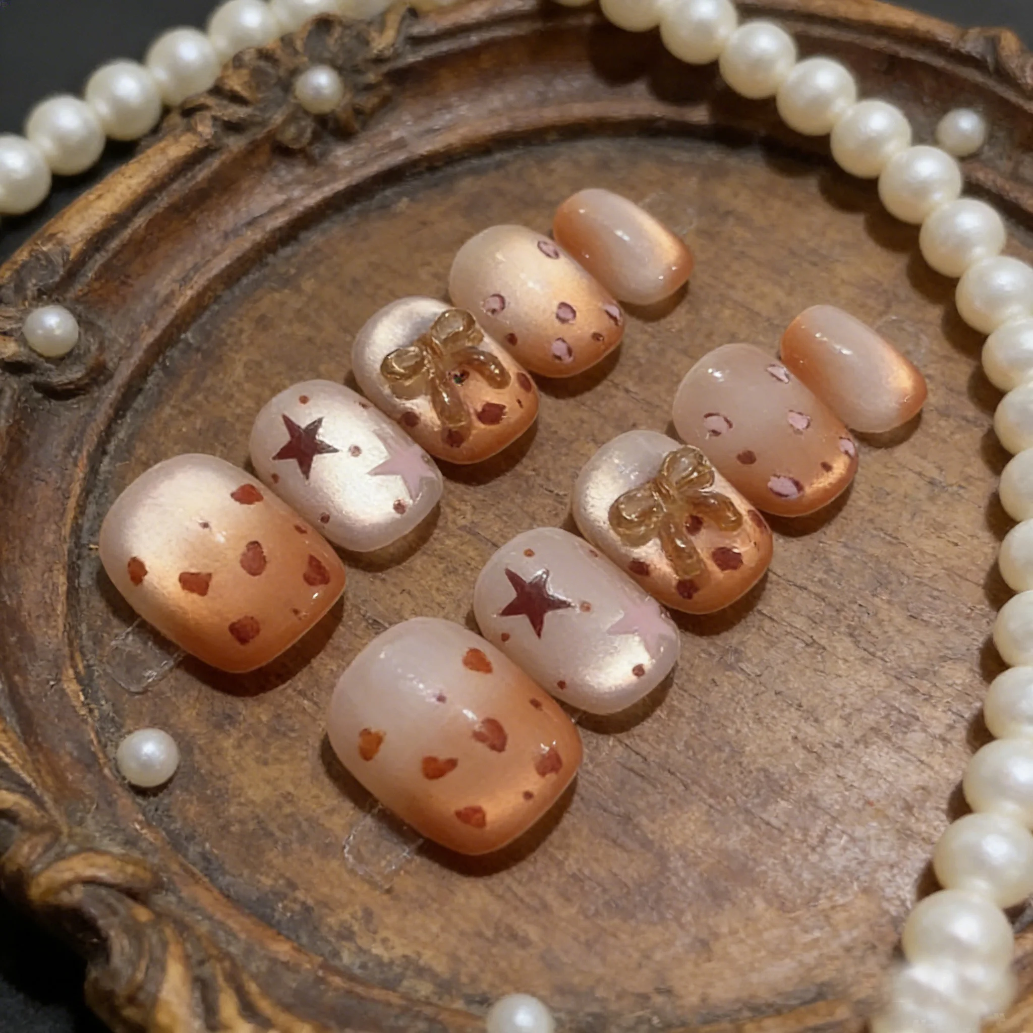 

10pcs Nude Pink & Orange Handmade Nail Heart Bows & Star Spots Press on Nail Short Square Fake Nail for Women&Girl False Nail