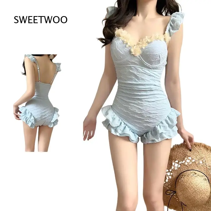 Women One Piece Swimsuit V Neck Floral Lace Trim Ruffle Shoulder Strap Ruffled Hem Textured Fabric Swimwear For Beach Pool