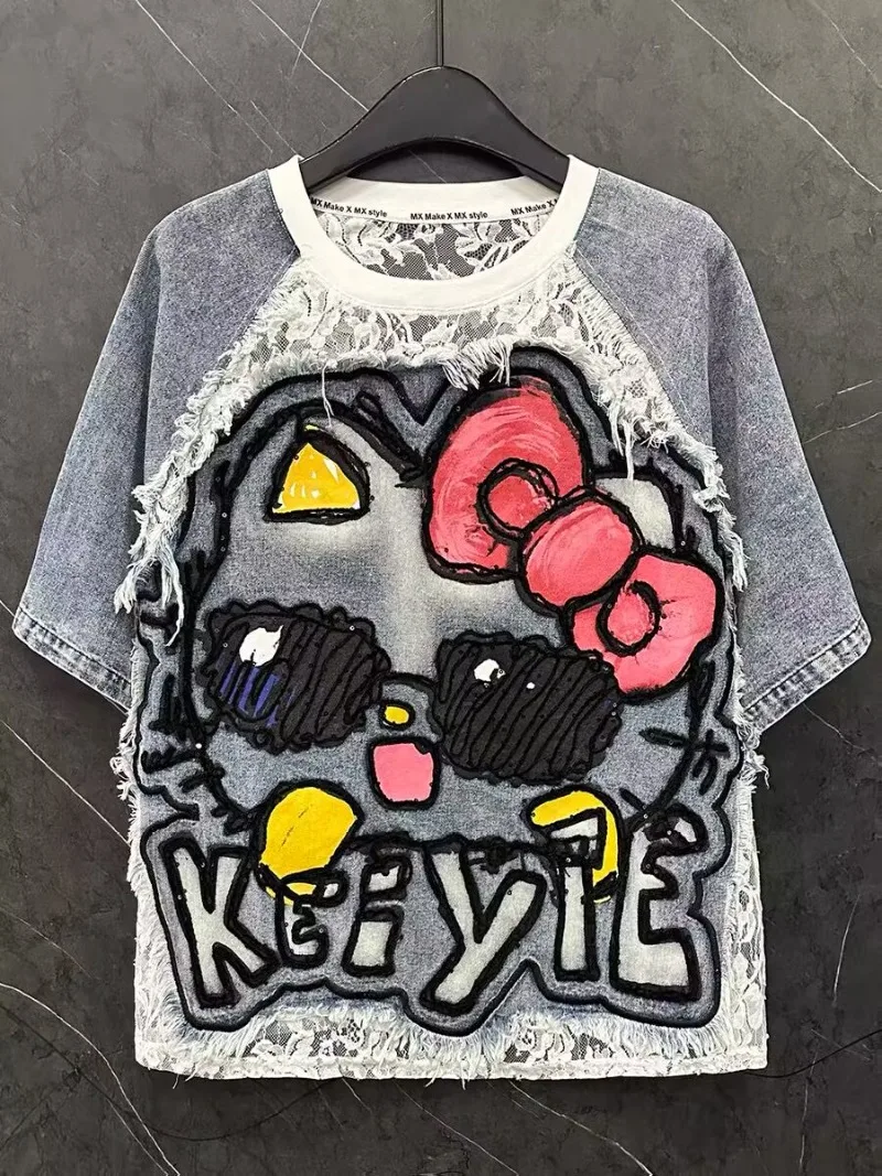 

Летняя новая джинсовая кружевная футболка с короткими рукавами и рисунком «Hello Kitty», женская свободная повседневная модная винтажная одежда, топ Y2k