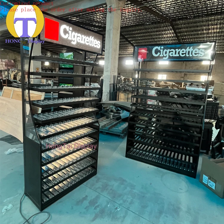 

Custom.Wholesale Tobacco Store Displays Adjustable Iron Shelf With Side Panel Glowing logo Cigarette Metal Showcase