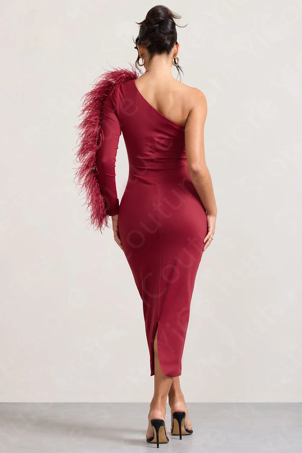 Customized 2024 Latest Cocktail Party Dresses Wine Red Homecoming Gowns Mid Calf Feathers Pageant Dresses One Shoulder Sleeve