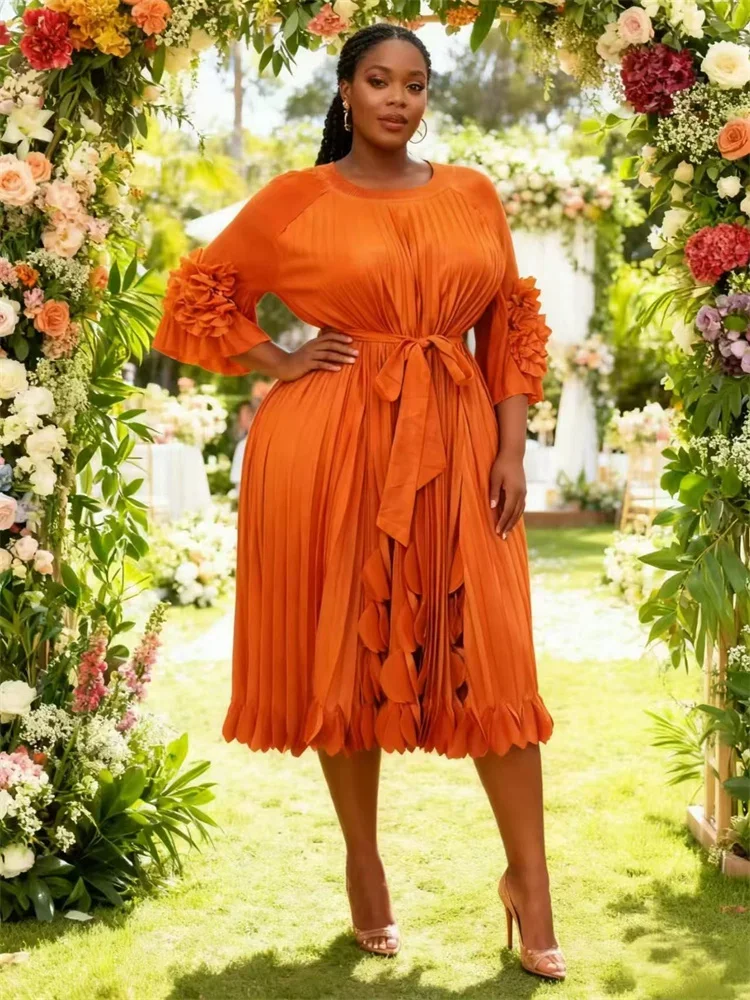 مياكي مطوي 2025 نمط المحكمة الجديد للربيع والصيف رقبة مستديرة بلون سادة زهور مكرنك يدوية مقاس كبير فساتين مطوية #4