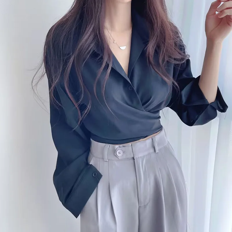 Sexy Crop Tops Fashion Blouse Long Sleeve Shirt New Office Lady Blouses Korean Style Slim Top Summer Short Tops Women Clothes