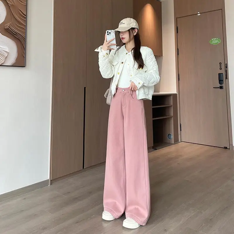 

Новые брюки Y2k, джинсы для женщин, зима 2025, розовые широкие расклешенные брюки с флисовой подкладкой, толстые, теплые, прямые, облегающие