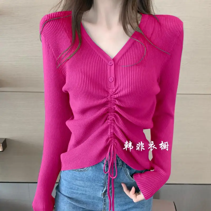 

Spring Autumn New Slim Drawstring All-match Bottoming Shirt V Neck Solid Elegant Pullovers Sweaters Fashion Korean Women Clothes