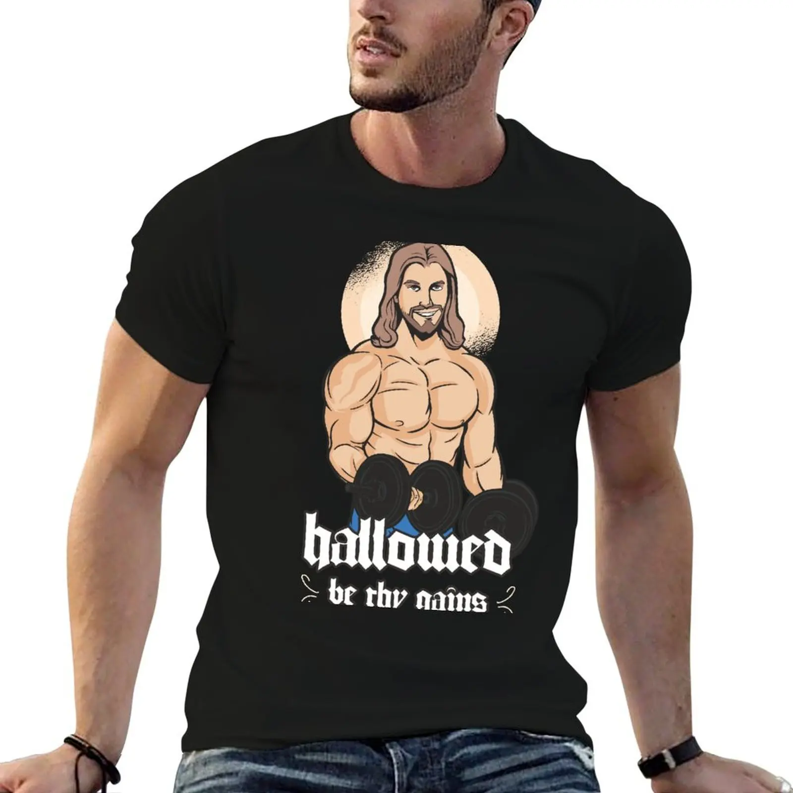 Hallowed Be Thy Gains Weightlifting Cartoon Pun T-Shirt Trendy Print Short Sleeve T-Shirt