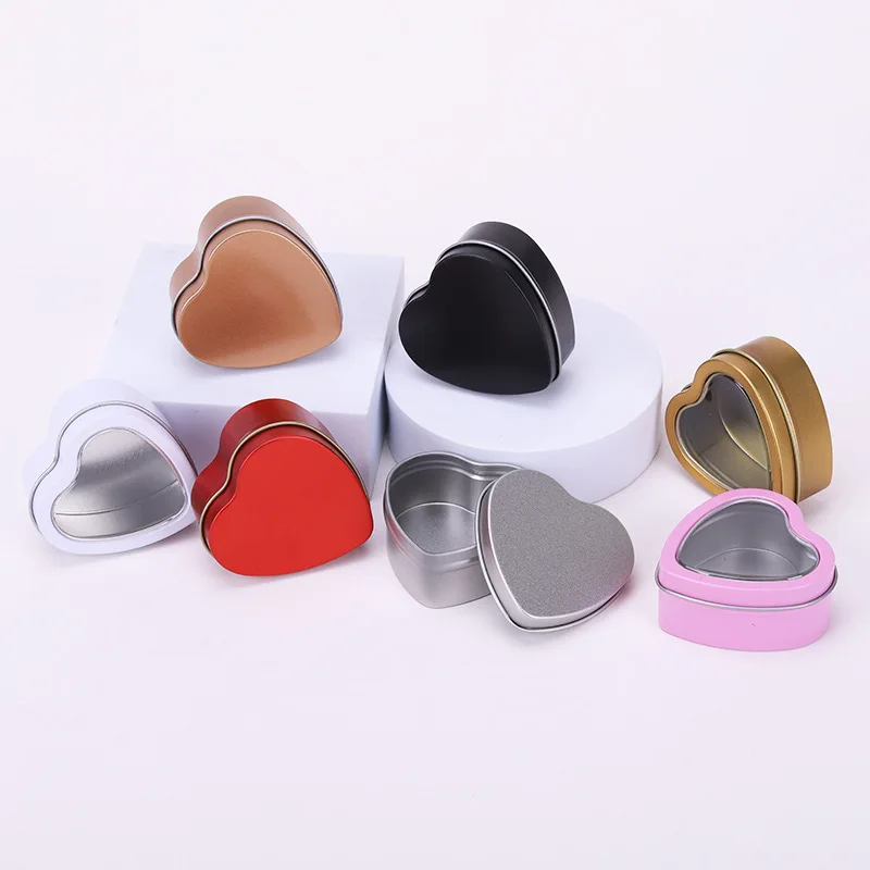 50pcs 1.5oz Heart Shaped Empty Golden Metal Tin Cans with Clear Window Lids for Candle Making, Candies, Gifts & Treasures