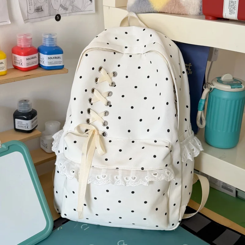 Kawaii Polka Dot Aesthetic Preppy Backpack with Bow and Ruffed Lace School Bag Coquette Travel Casual Daypack for Girls