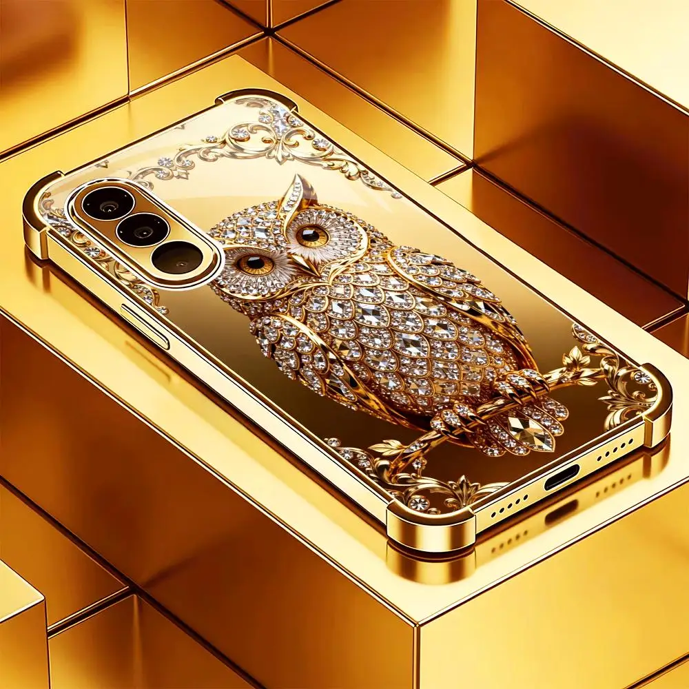 Fashionable golden owl Fashion Glass TPU QHD phone case for Samsung Galaxy S26 S25 S24 S23 S22 S21 FE,Ultra,Plus Dropresistant
