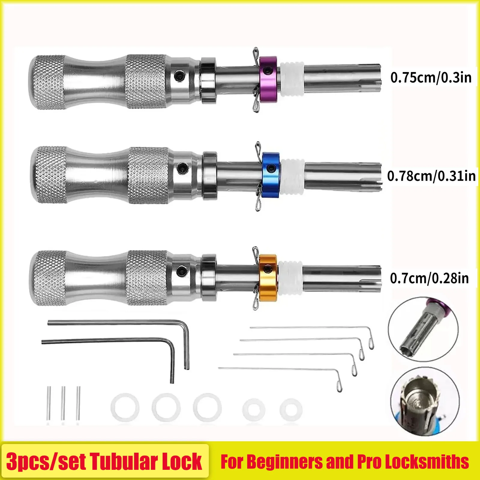 初心者とプロの鍵屋向け-3個セット-チューブラーロックピッキングセット-70-75-78mm-ステンレス製ツール-huk-チューブラーロック開錠ツール
