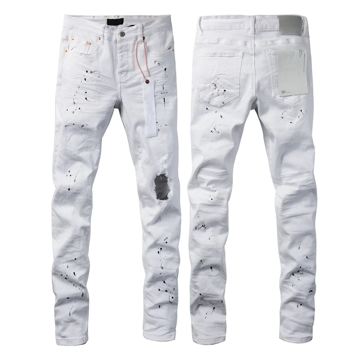 Purples jeans Men Fashion brands top quality with High street white paint distressed Repair Low Rise Skinny Denim pants