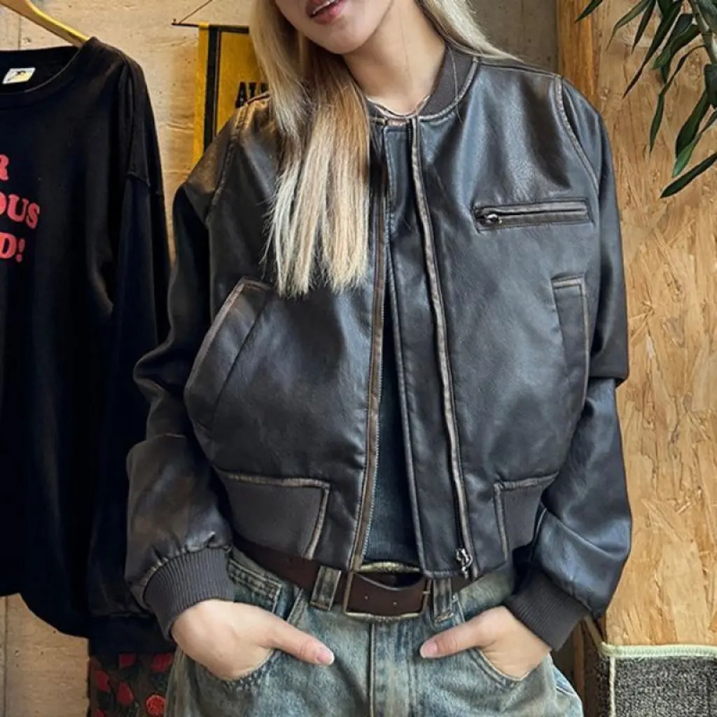 Handmade Vintage American Short Motorcycle Leather Jacket Women's Long Sleeve All-Match Top Maillard Coat