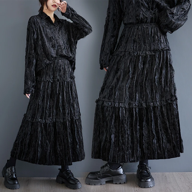 

Retro Lace Trim Patchwork Design Velvet f Skirt Spring Autumn Winter Loose Bla A-Line Midi Skirt Versatile All Seasons