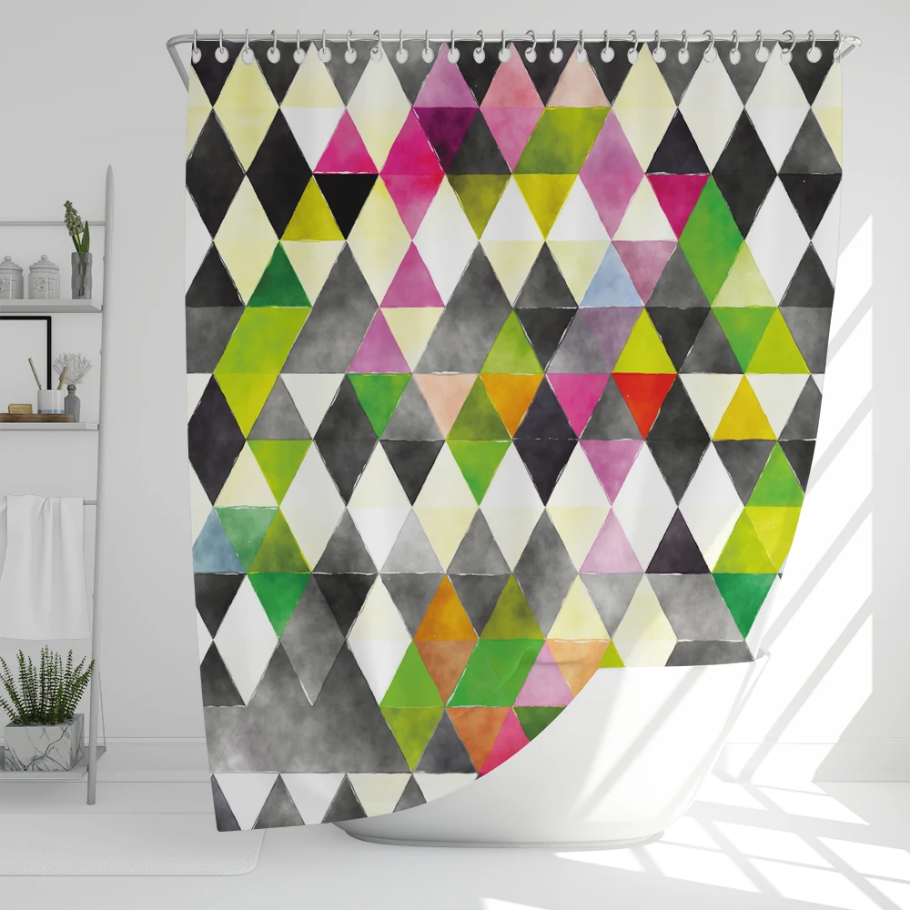 1pc Modern Color Diamond pattern Shower Curtain,Printed Polyester Geometry Bathroom Curtain,Home Decoration Curtain With Hooks