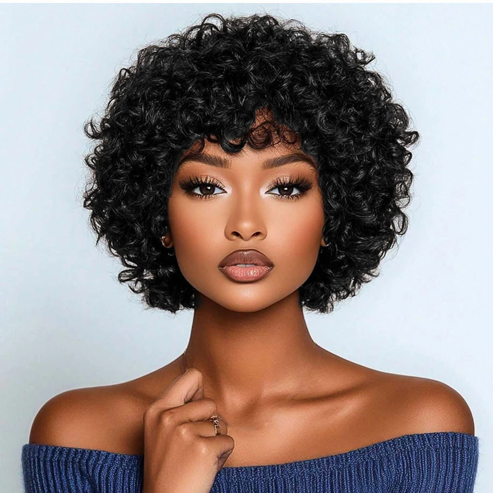

Afro Kinky Curly Human Hair Wig Short Pixie Wigs Rose Net Cap 100%Human Hair Full Machine-Made Wig For Women